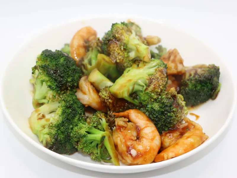 Shrimp and broccoli in glossy sauce at Wah Hing Kitchen, a Chinese Restaurant in South Ozone Park