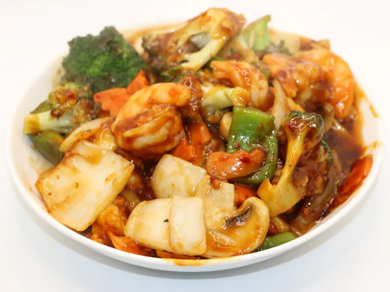 Spicy shrimp and mixed vegetable stir-fry at Wah Hing Kitchen, a Chinese Restaurant in South Ozone Park